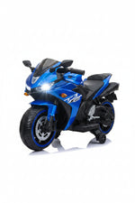 Blue electric toy motorcycle for kids with working headlights and training wheels