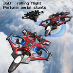 Three black and red RC toy drones flying in the sky with clouds, featuring blue and red LED ring lights and promotional text that reads '360° rolling flight Perform aerial stunts'.