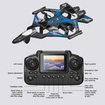 Drone and remote control with labeled features on a gray background