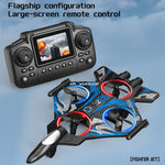 A blue and black fighter jet remote control drone with four propellers, shown alongside its black handheld remote controller. The drone features red and blue LED ring lights, and the background is a light blue sky graphic with text overlays reading 'Flagship configuration Large-screen remote control' and '[FIGHTER JET]'.