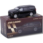 A black die-cast model SUV toy car displayed on top of its brown packaging box, with the box printed with 'CD1000' and a side view of the vehicle.