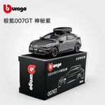 A metallic dark gray miniature model car with a roof box, displayed on top of its black branded packaging box. The image includes Chinese text overlays and the Burago brand logo.