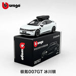A miniature white diecast model car with a black roof box, displayed on top of its black branded packaging box. The image features the Burago logo in the top-left corner and Chinese text at the bottom identifying the model as '极氪007GT 冰川银'.