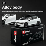 A white die-cast alloy model car with a black roof box, displayed on top of its black branded box. The image includes a small inset showing a close-up of the white car door panel and text reading 'Alloy body' and 'High-quality alloy material has a solid texture and is more playable.
