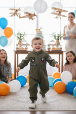 Army green long sleeve pilot romper for toddler boys