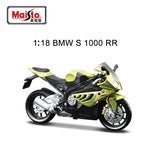 A 1:18 scale model toy motorcycle of the BMW S 1000 RR, featuring a lime green and black color scheme, shown against a plain white background with the Maisto brand logo and product text.