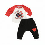 Baby boy Valentine outfit with Heart Crusher shirt and heart-print pants