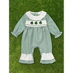 Newborn baby girl green plaid clover print long sleeve bodysuit