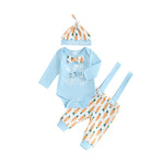 Baby outfit set with blue onesie, striped pants, and hat on a white background