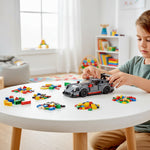 Gray sports car model built from racing car building blocks