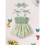 Green floral dress with matching headband on a white background with colorful butterflies.