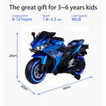 Blue electric toy motorcycle for kids aged 3-6 with speed and dimension specifications.