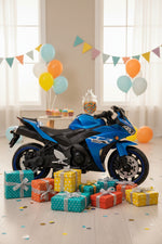 Blue toy motorcycle surrounded by colorful wrapped gift boxes and birthday balloons.