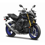 A Yamaha MT-07 sport motorcycle in black with blue accents on the wheels and exhaust, and gold front forks, photographed on a white studio background.