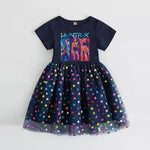 Navy blue dress with colorful polka dot skirt and 'HUNTERX' graphic on a white background