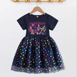 Navy dress with colorful heart pattern and graphic design on a white background
