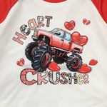 Red monster truck graphic with 'Heart Crusher' text on a white background