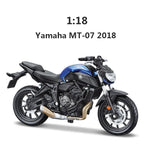A blue and black Yamaha MT-07 2018 motorcycle shown from a three-quarter front angle on a white background, with text above reading '1:18' and 'Yamaha MT-07 2018'.