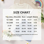 Size chart for a child's top with floral and rainbow decorations on a light background
